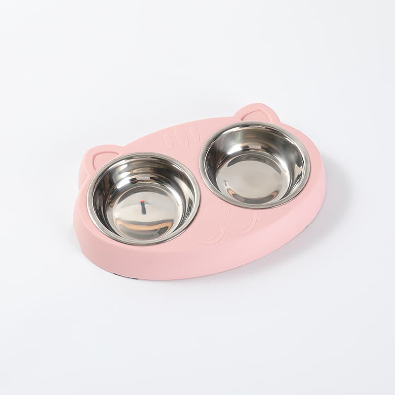Macaron Pet Double Bowl Plastic Kitten Dog Food Drinking Tray Feeder Cat Feeding Pet Supplies Accessories — Pink
