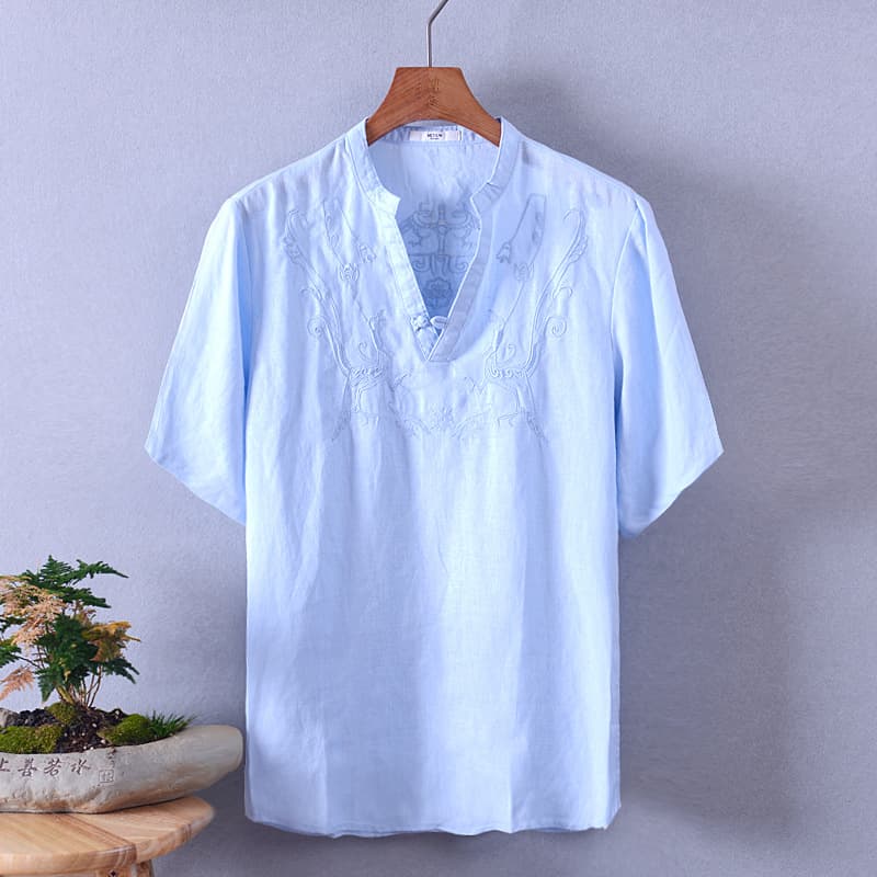Hemp Embroidered Shirt with Standing Collar