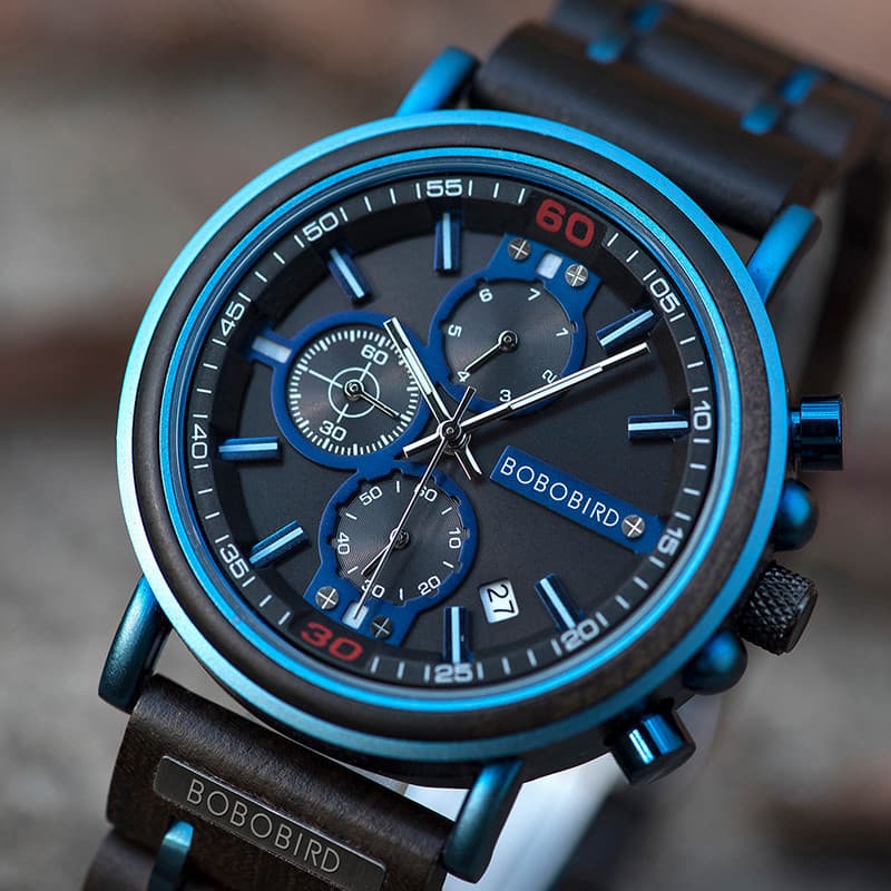 Men s Wooden Chronograph Watch — Blue