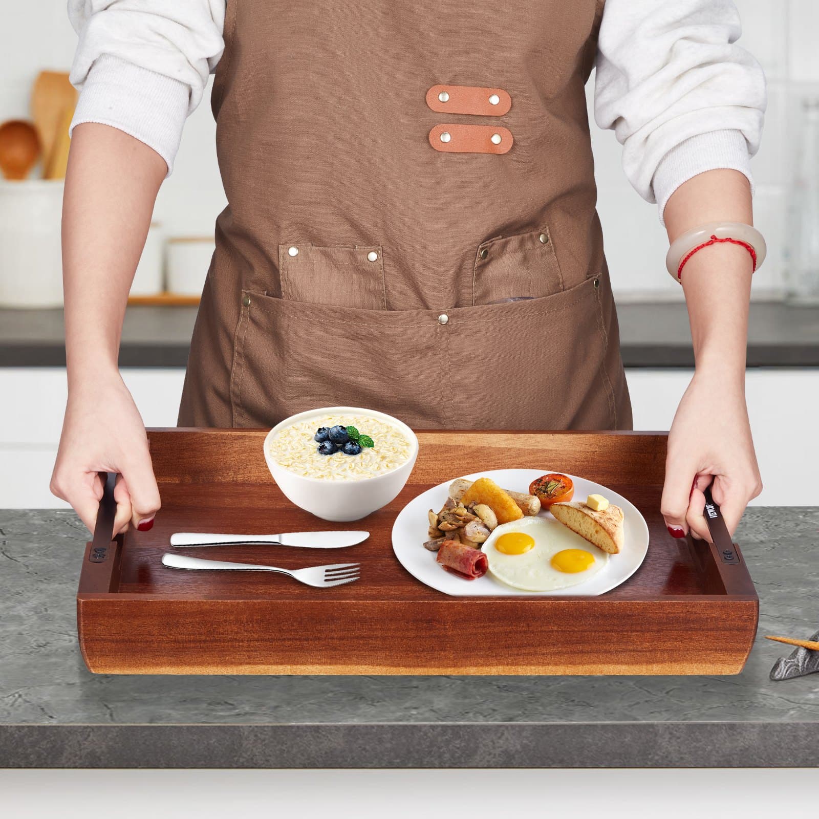 Acacia Serving Tray Table for Food, Laptop, and Drinks