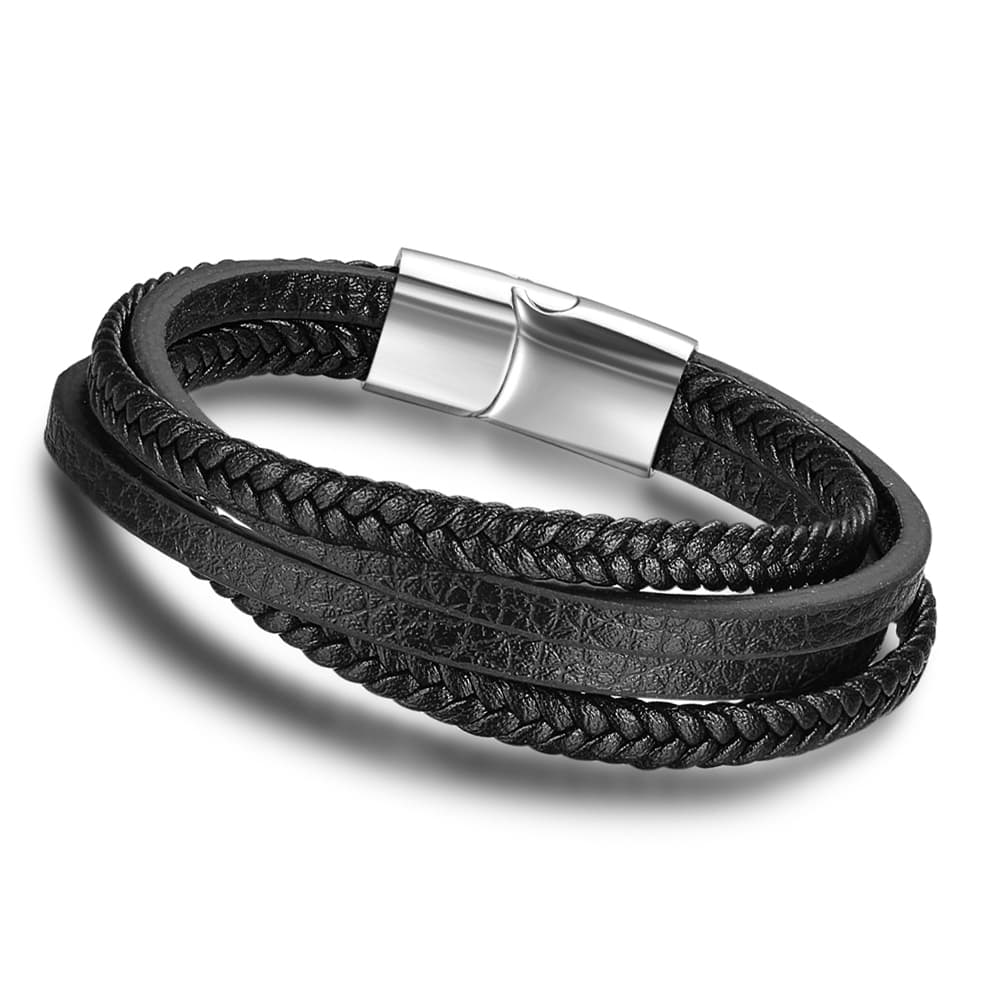Men's Stainless Steel and Leather Braided Bracelet