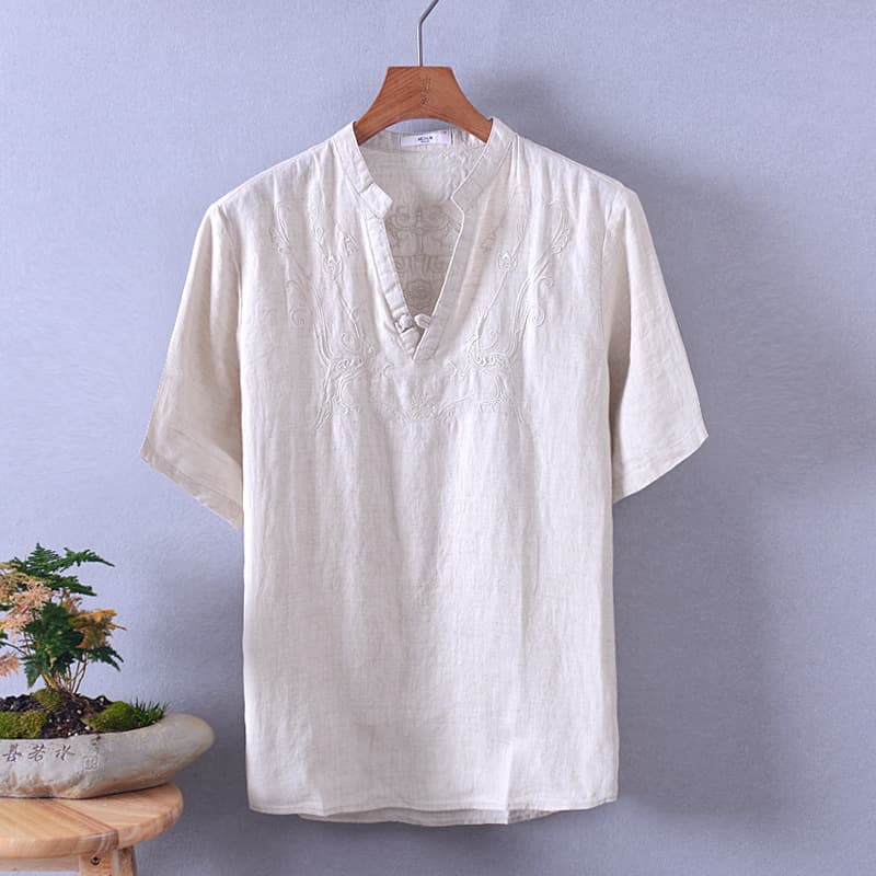 Hemp Embroidered Shirt with Standing Collar