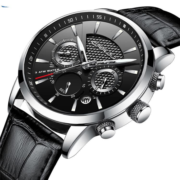 CRRJU six-hand chronograph watch — Silver black