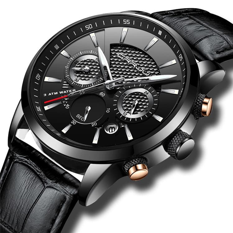 CRRJU six-hand chronograph watch — Black Silver