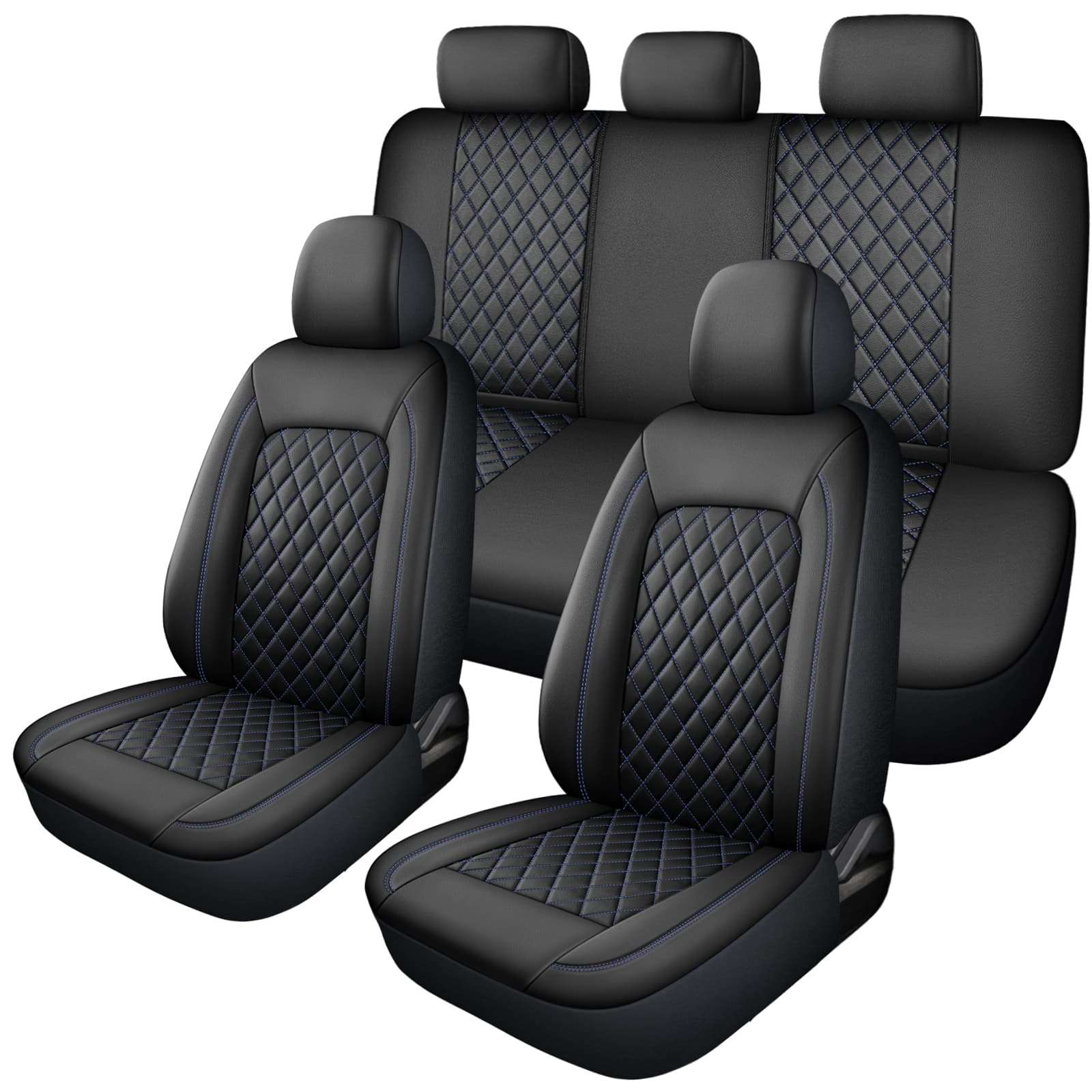 Single Line Diamond Grid PU Leather Car Seat Covers — Blue-Complete set of 5 seats