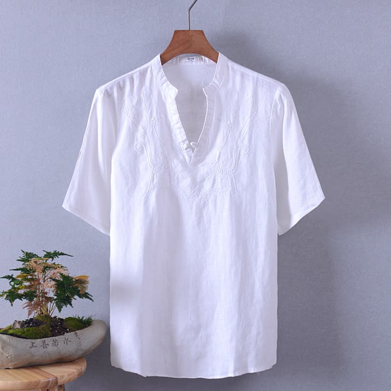 Hemp Embroidered Shirt with Standing Collar