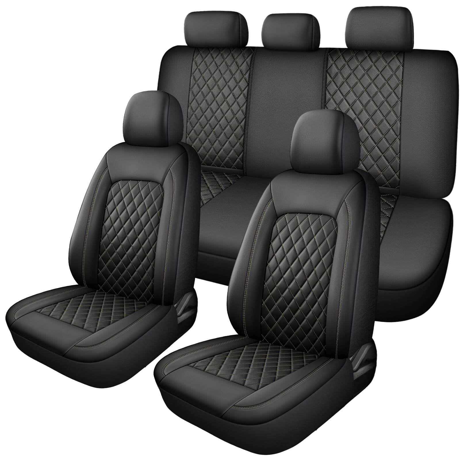Single Line Diamond Grid PU Leather Car Seat Covers — gold-Complete set of 5 seats