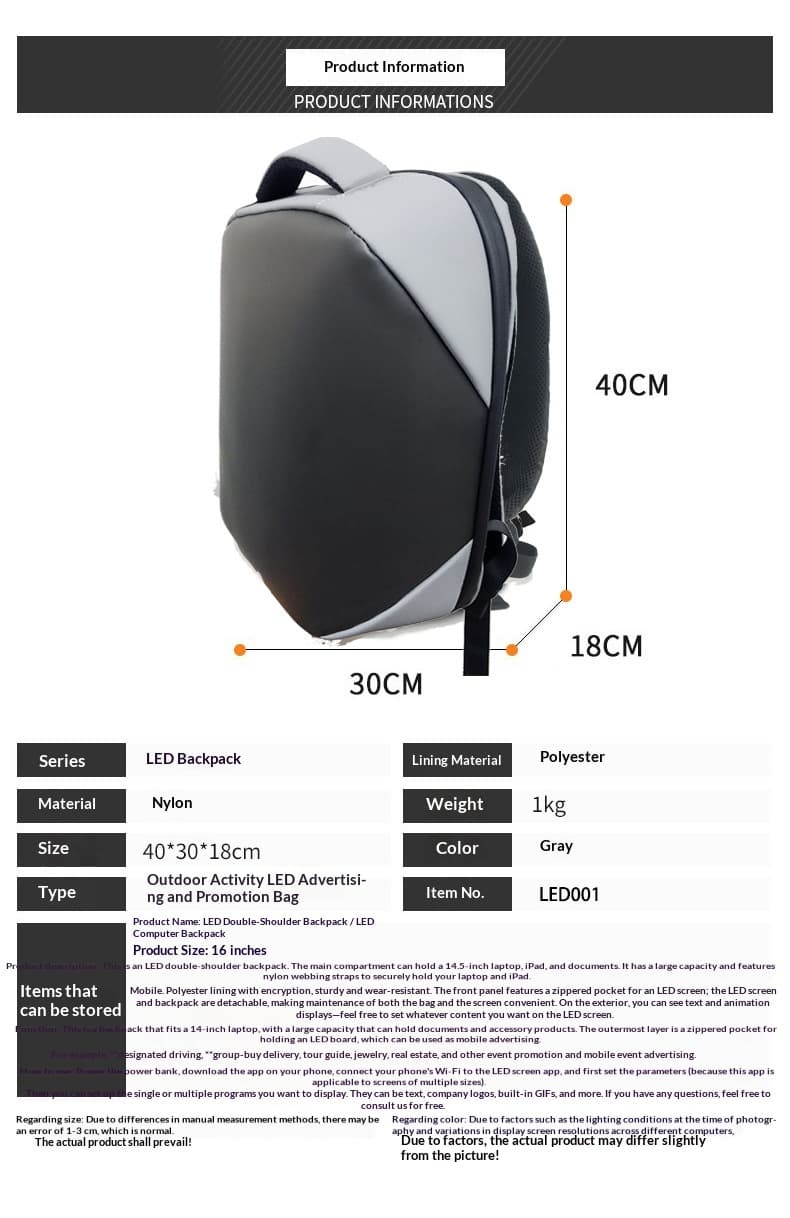 Regular LED Backpack Cycling & Hiking Bag DIY Text Animation Polyester Material Hot Sale - Black With WiFi — Black WiFi