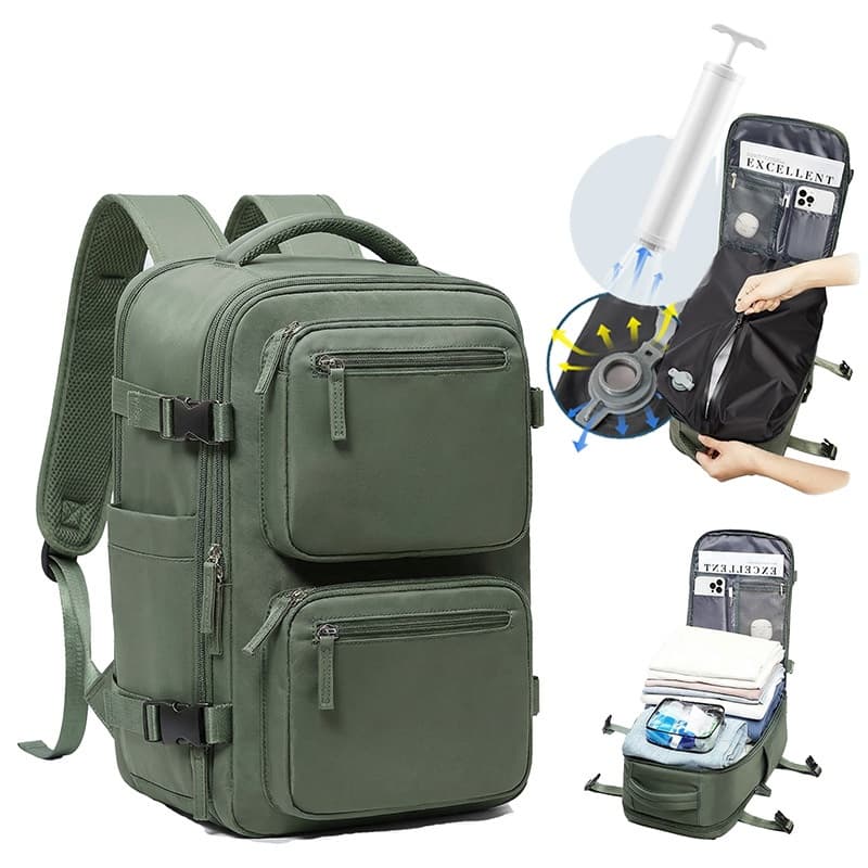 Vacuum Compression Backpack, Budget Airline Boarding Travel Bag, Large Capacity Business Computer Bag, Lightweight — olive drab-Equipped with manual pump