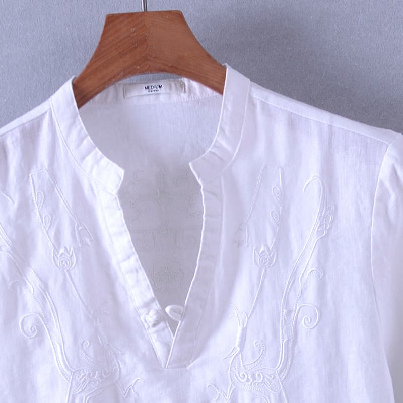 Hemp Embroidered Shirt with Standing Collar