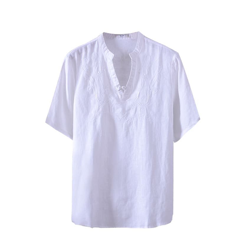 Hemp Embroidered Shirt with Standing Collar