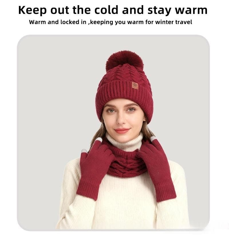 Three-Piece Set New FallWinter Womens Warm Knitted Hat