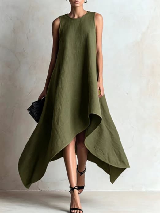 Irregular Flared Sleeveless Linen Dress — Army Green-L