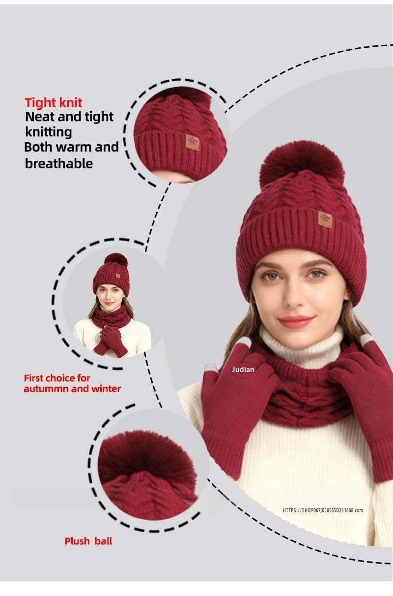 Three-Piece Set New FallWinter Womens Warm Knitted Hat