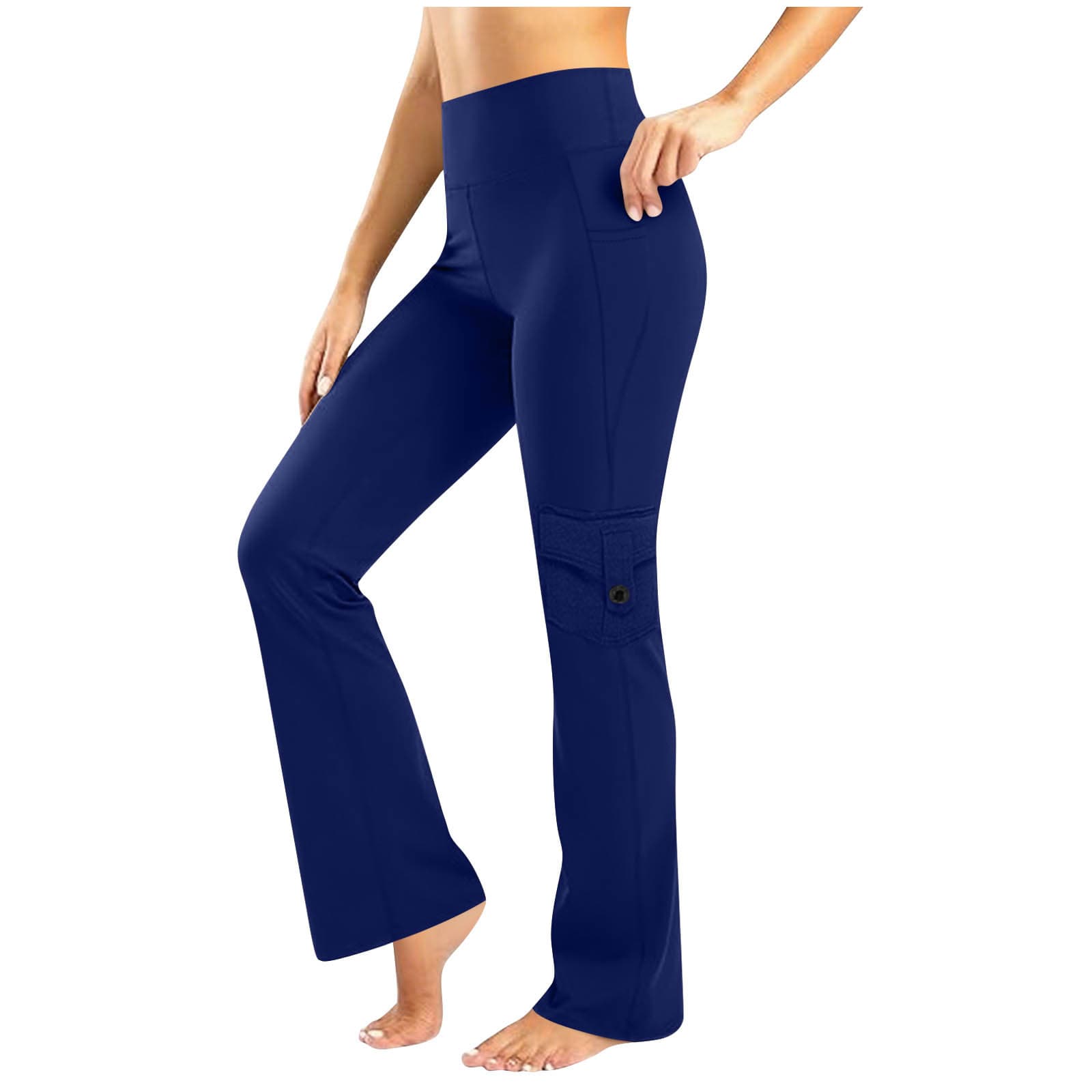 Womens Solid-Colored Breathable Sports Leggings With Button Pockets — Blue-S