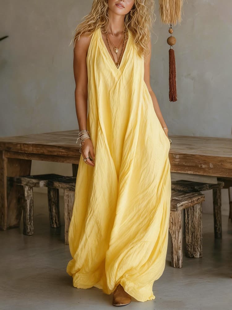 Casual Sleeveless Loose Fit Vest V-neck Long Dress With Front Pockets - Women's Summer Holiday Flowy Sleeveless Long Dresses For Daily Wear