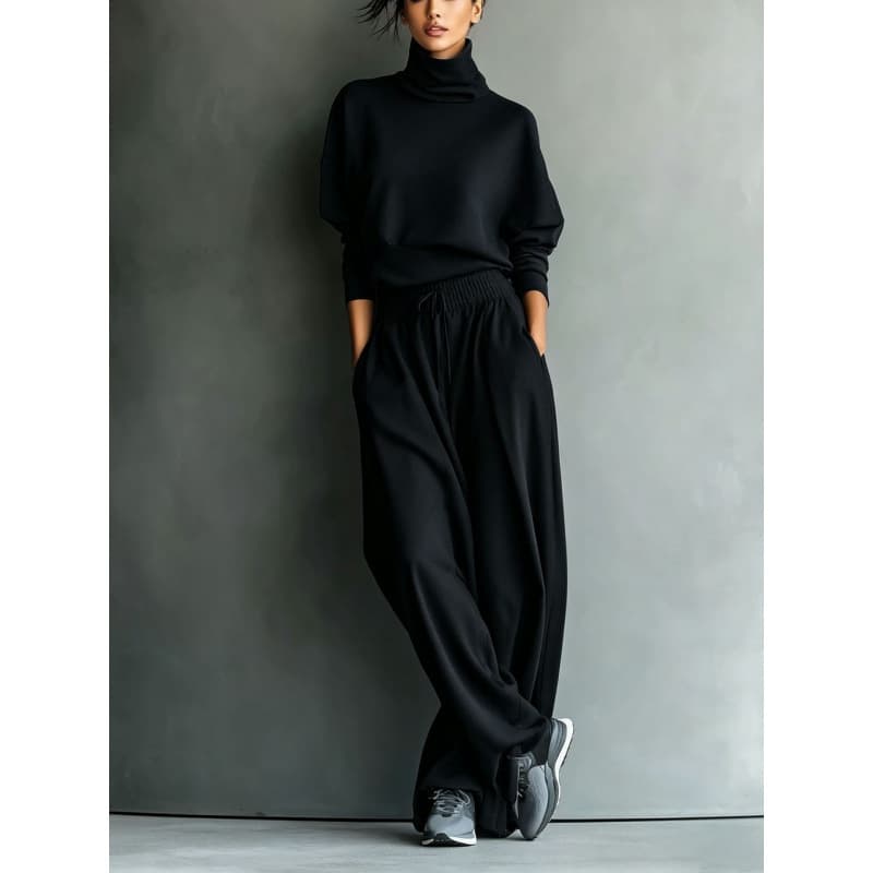 Solid-color Turtleneck Sweatshirt And Wide-leg Pants Set — Black-L