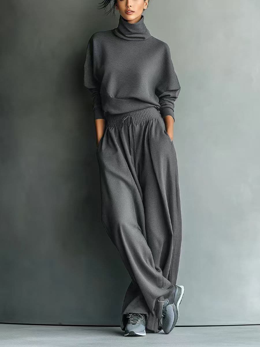 Solid-color Turtleneck Sweatshirt And Wide-leg Pants Set
