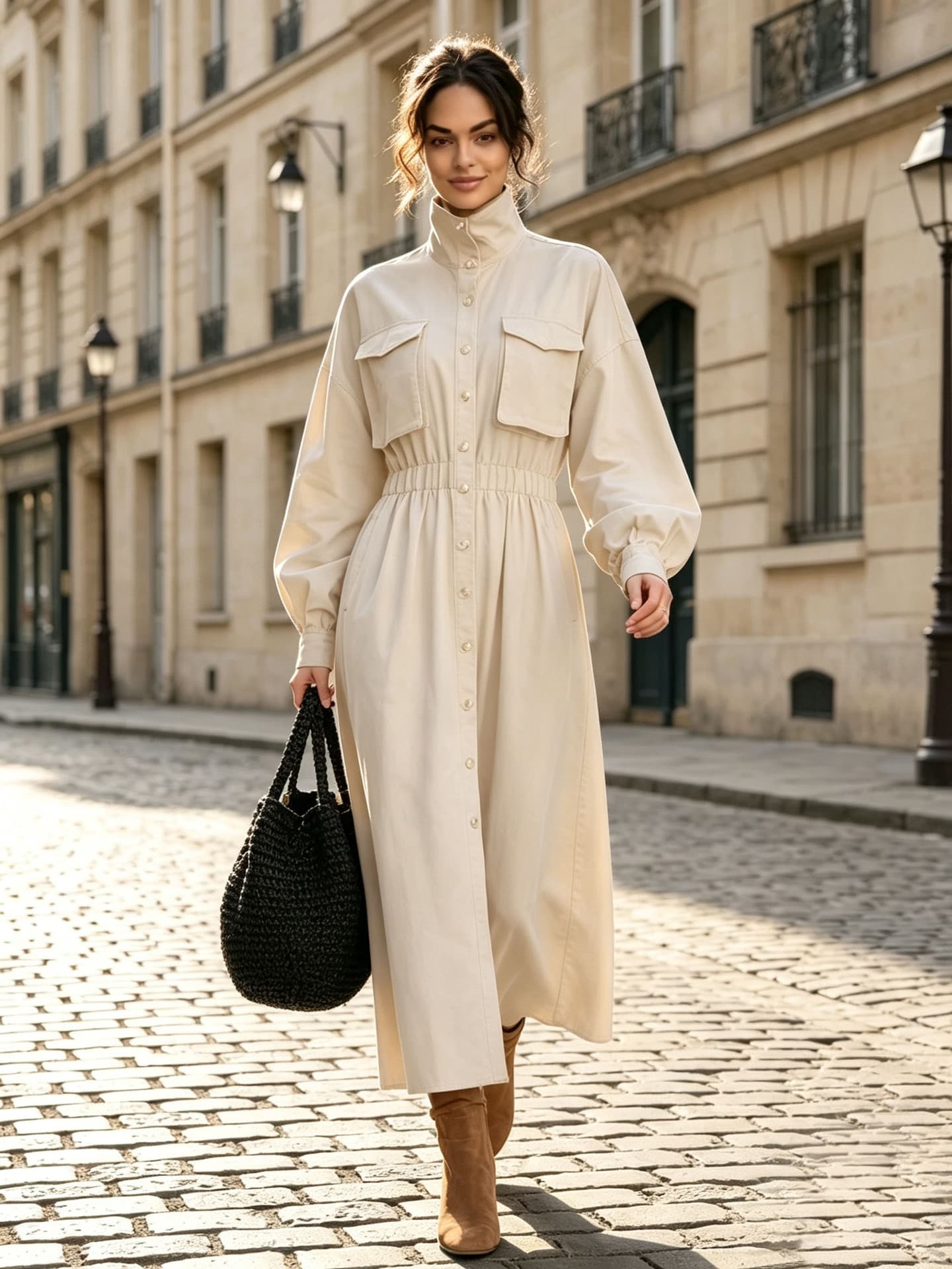 Stand-collar Button-front Dress For Women — Beige-L
