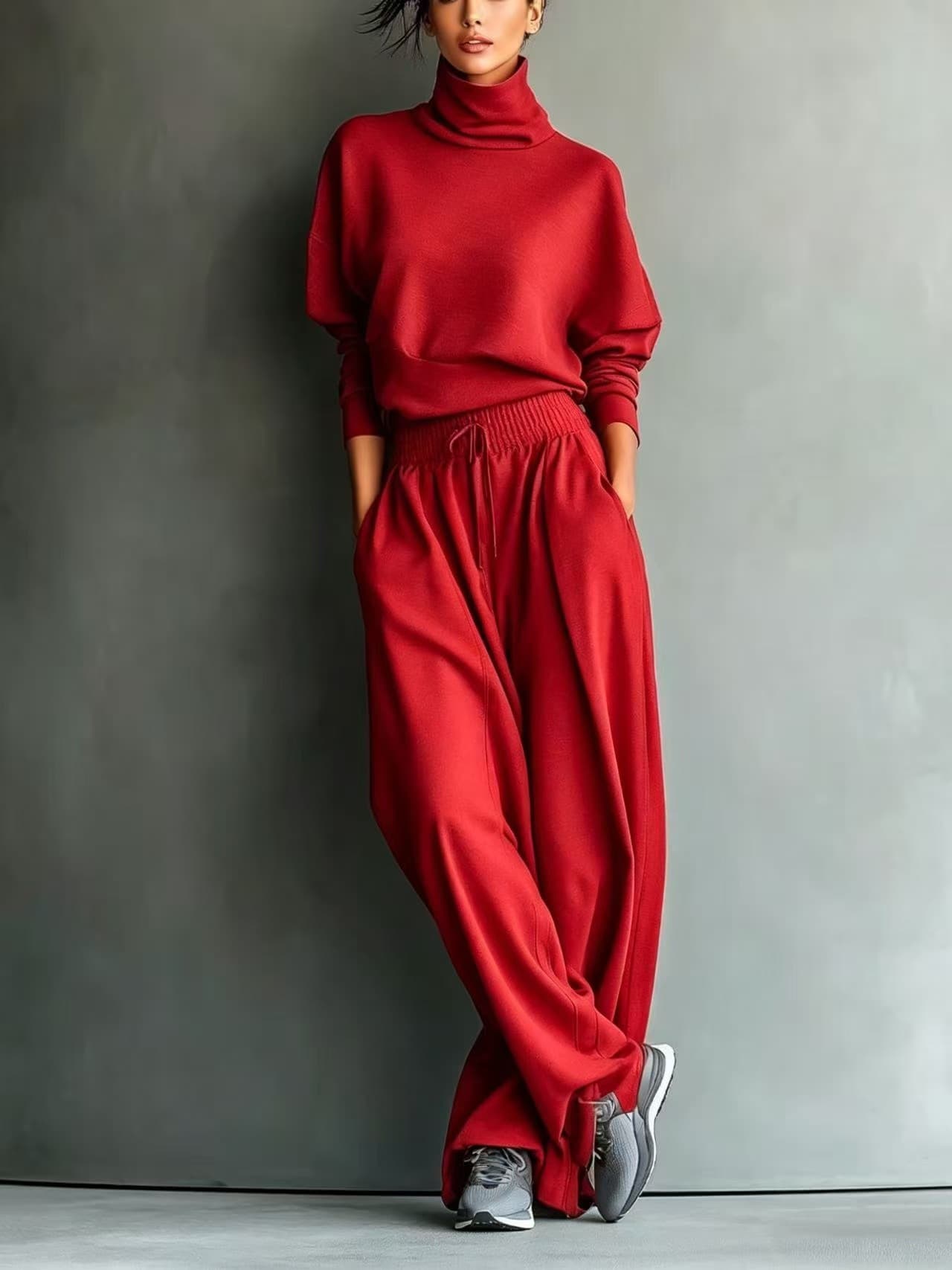 Solid-color Turtleneck Sweatshirt And Wide-leg Pants Set