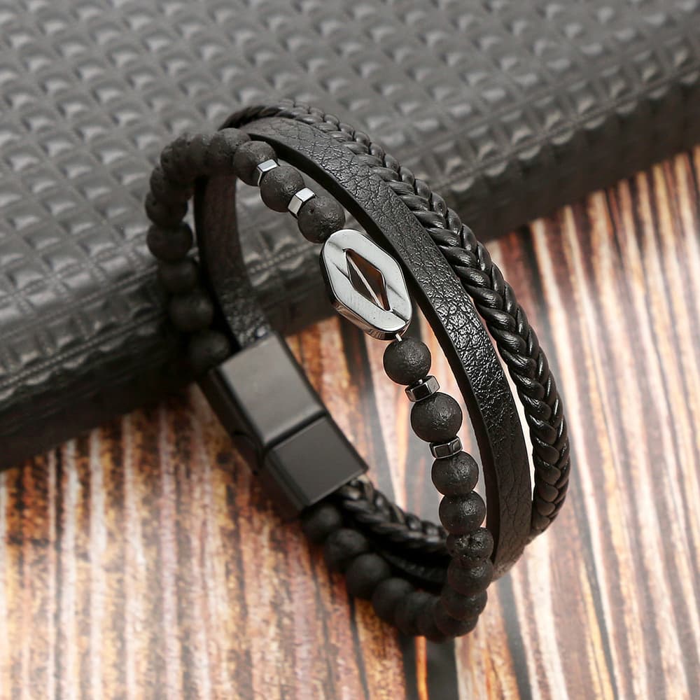 Diamond Natural Stone Stainless Steel Bracelet — Black Volcanic Rock