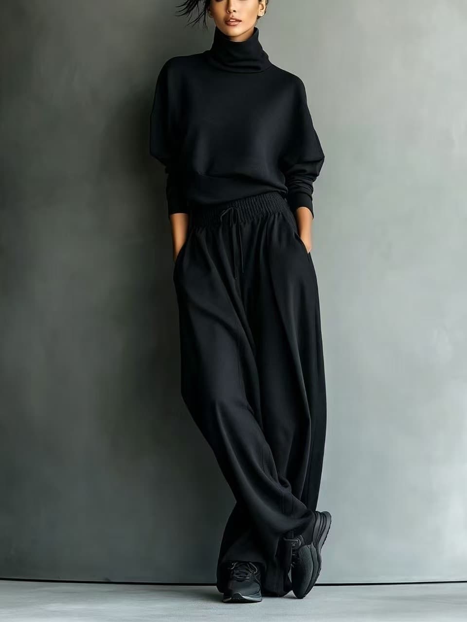 Solid-color Turtleneck Sweatshirt And Wide-leg Pants Set