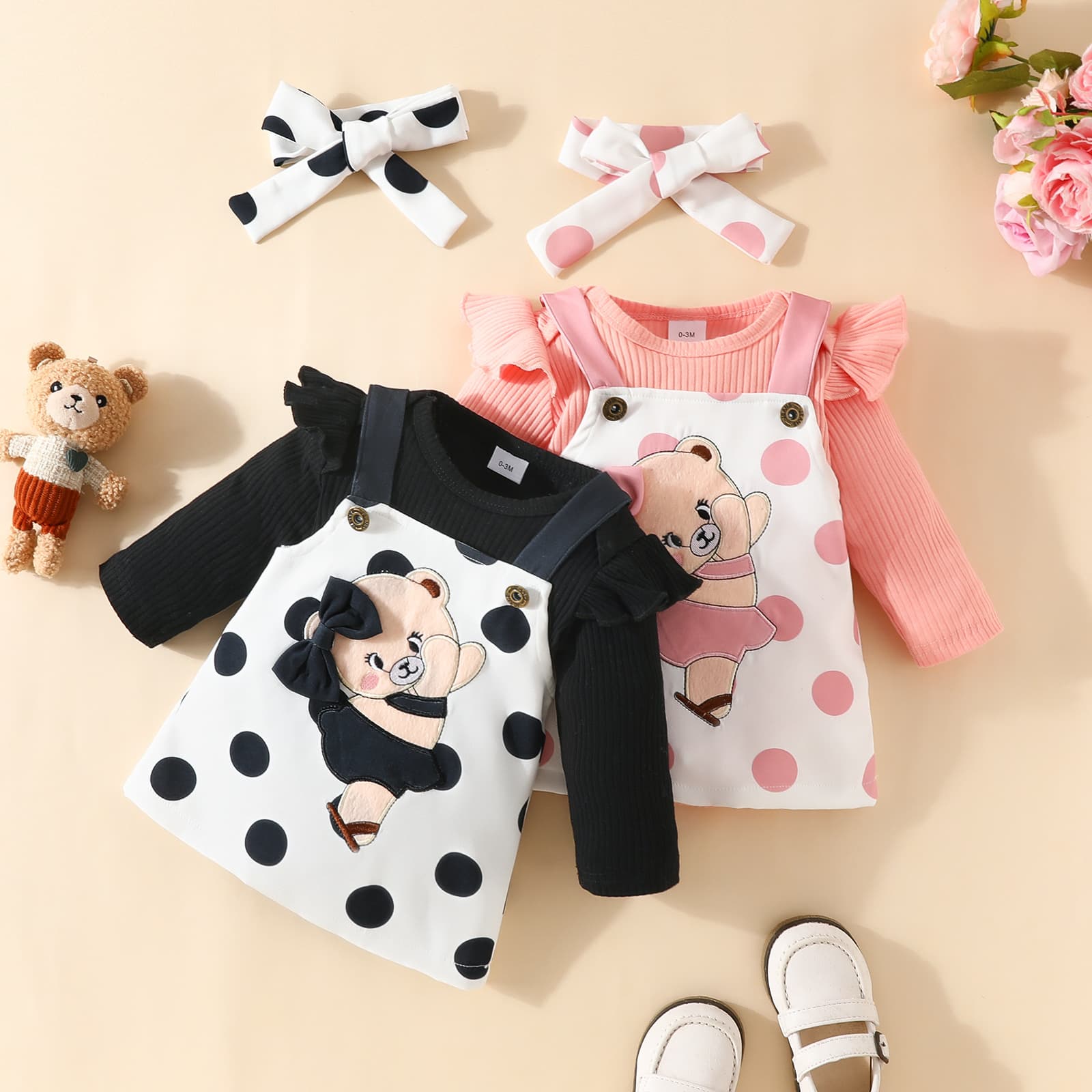 Baby girl long-sleeve suspender skirt set with headband