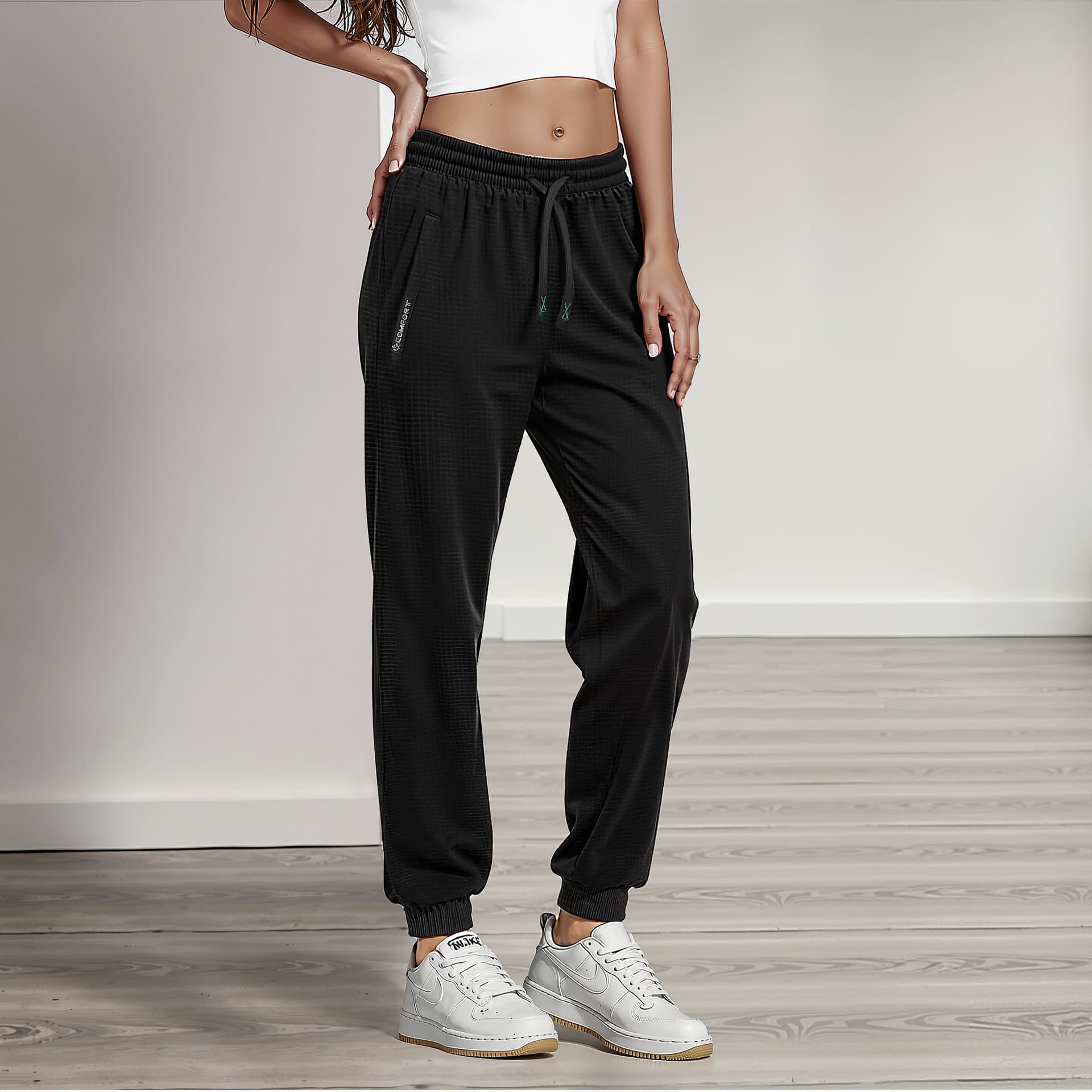 Women's Casual Solid-Colored Ice Silk Sports Trousers — Drawstring Black-M
