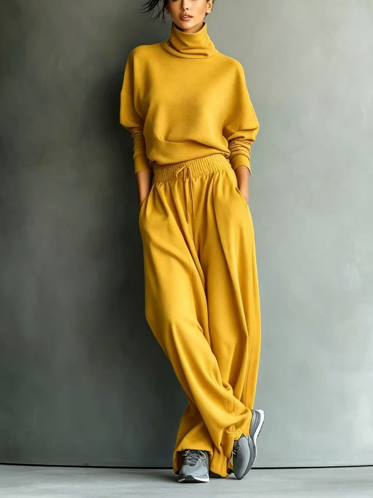Solid-color Turtleneck Sweatshirt And Wide-leg Pants Set