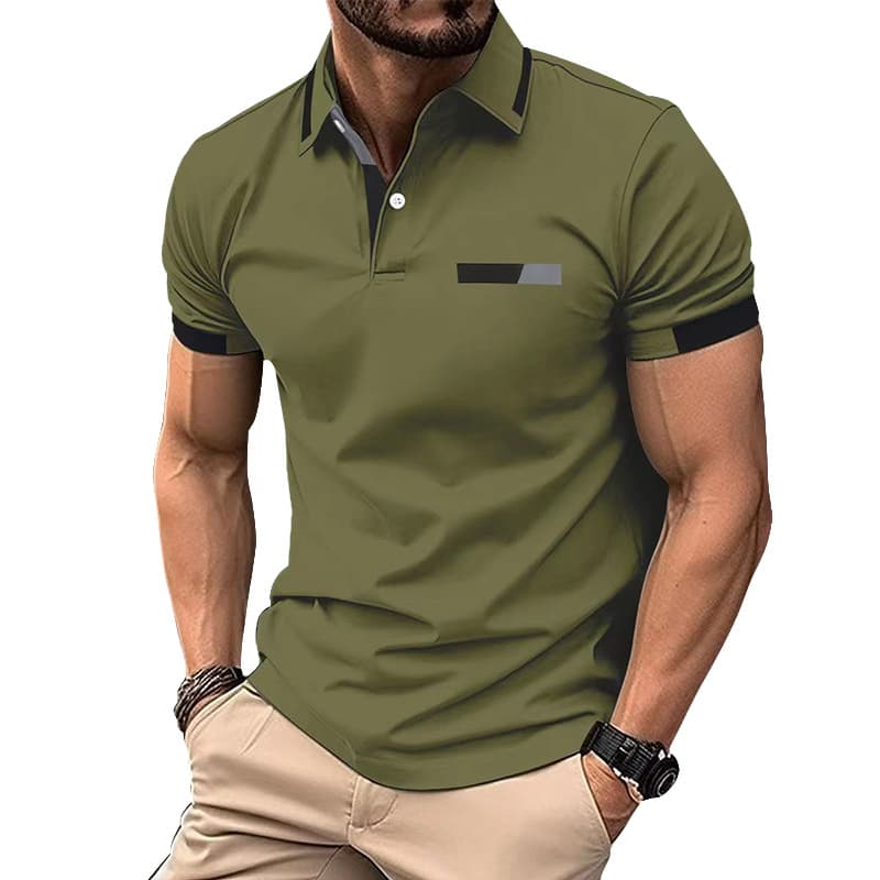 Men's Casual Polo Shirt Chest Faux Pocket Lapel Button Business T-shirt