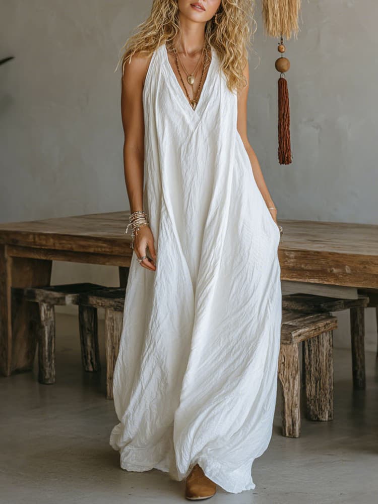 Casual Sleeveless Loose Fit Vest V-neck Long Dress With Front Pockets - Women's Summer Holiday Flowy Sleeveless Long Dresses For Daily Wear — White-S