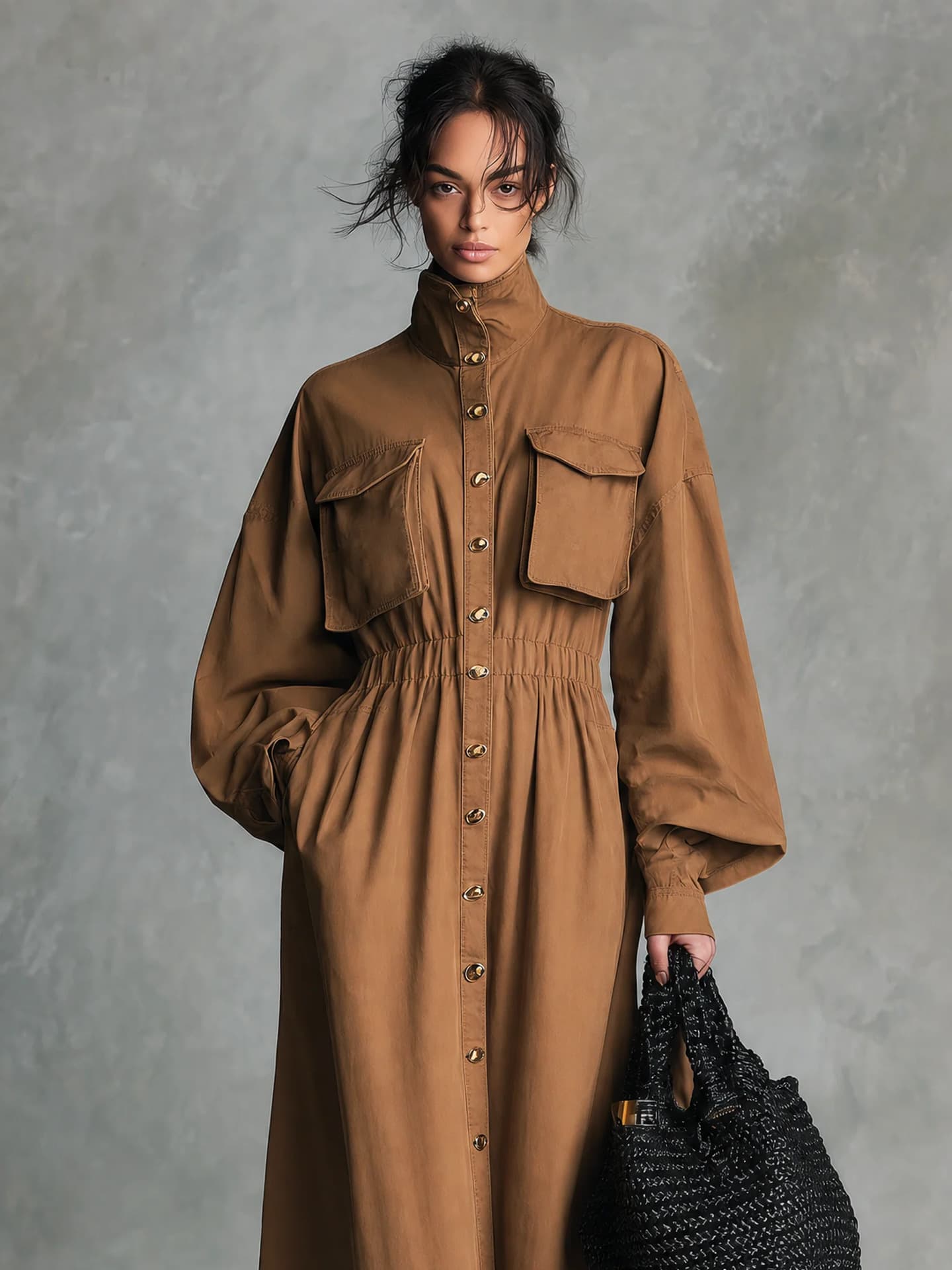 Stand-collar Button-front Dress For Women