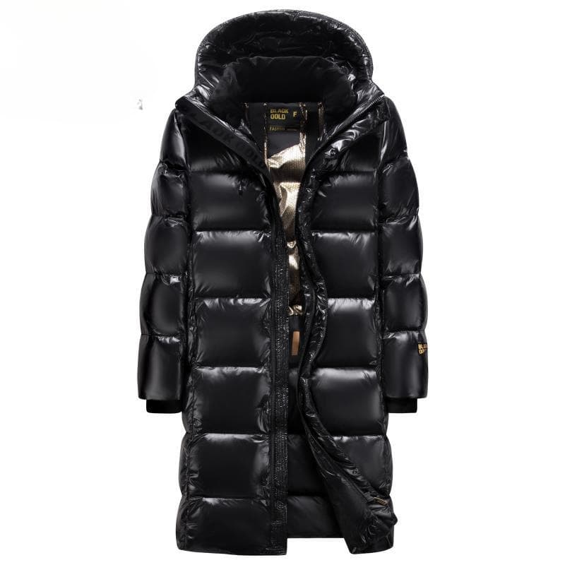 Mens Hooded Black And Gold Goose Down Jacket — Black Long-M