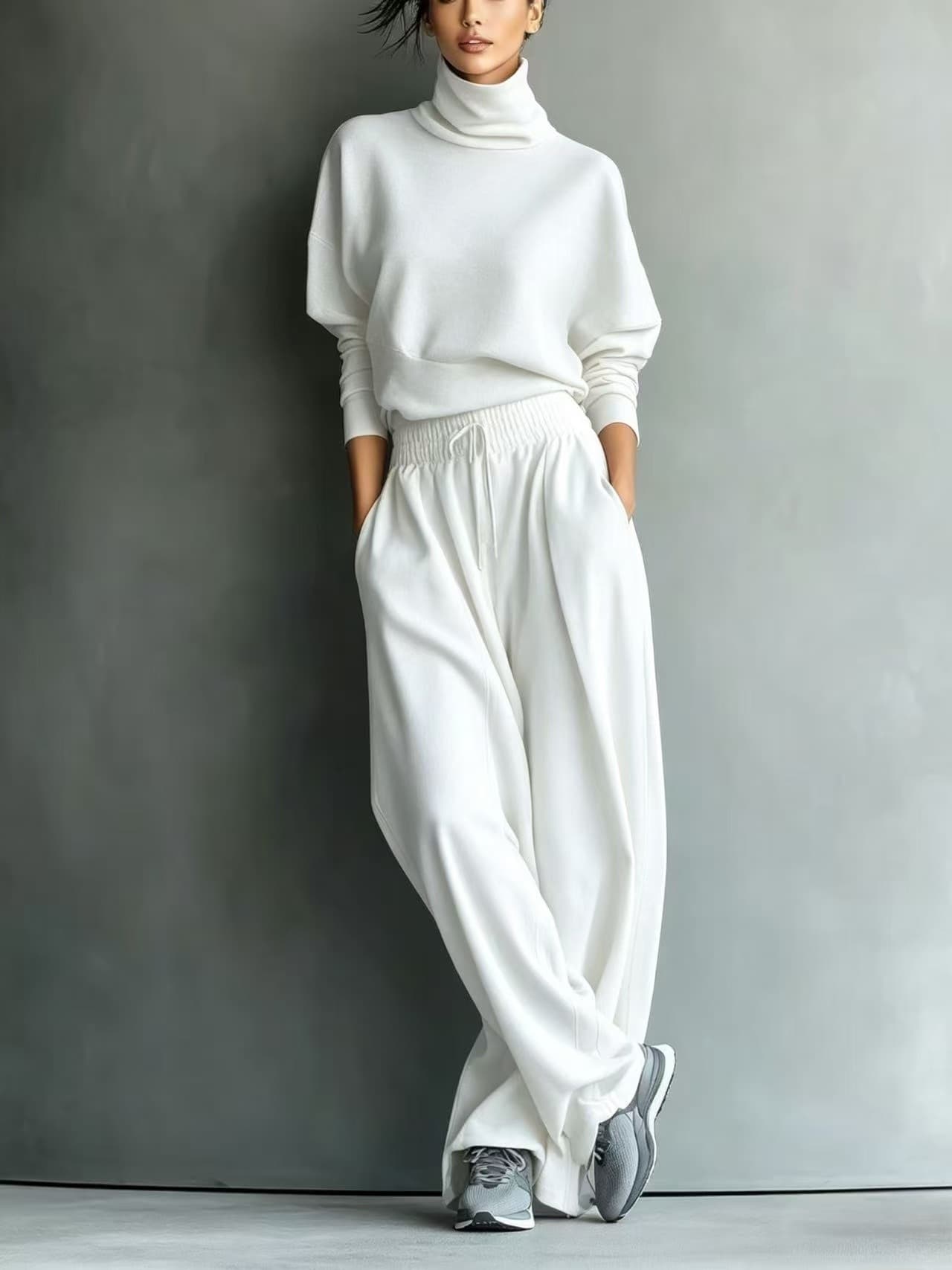 Solid-color Turtleneck Sweatshirt And Wide-leg Pants Set