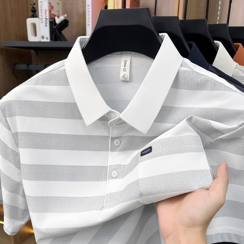 Men's Youth Striped Lapel Pocket Fashion Short Sleeve T-shirt — White-M