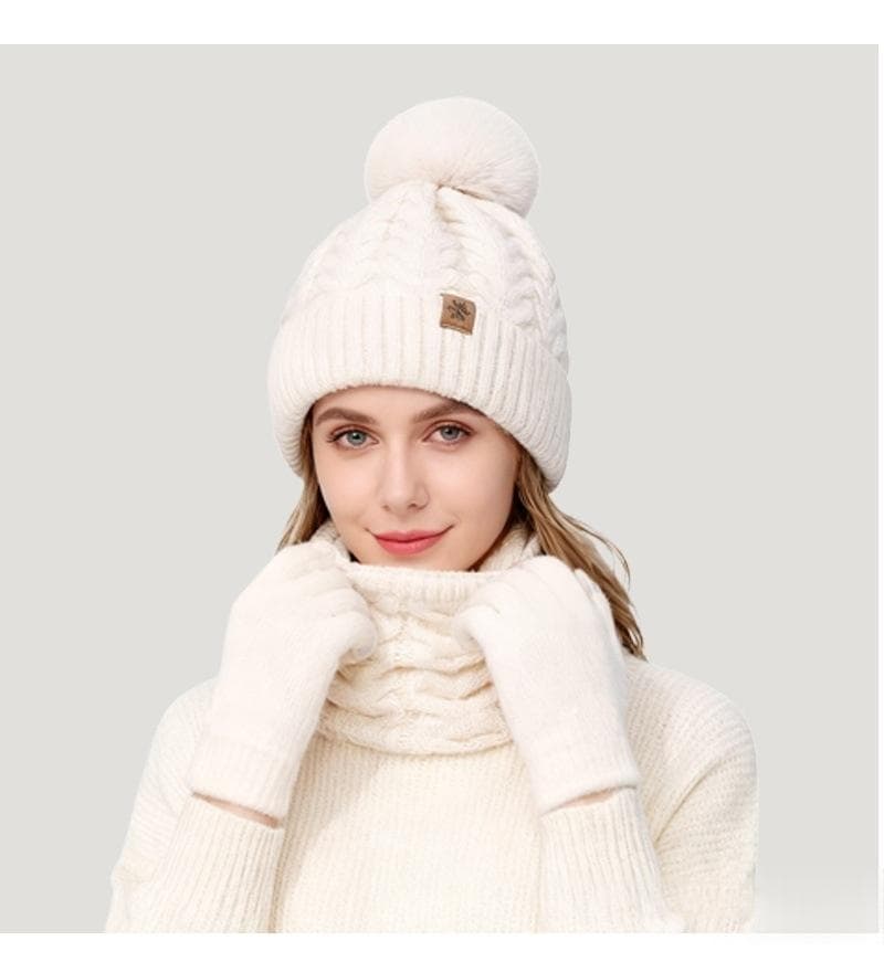 Three-Piece Set New FallWinter Womens Warm Knitted Hat