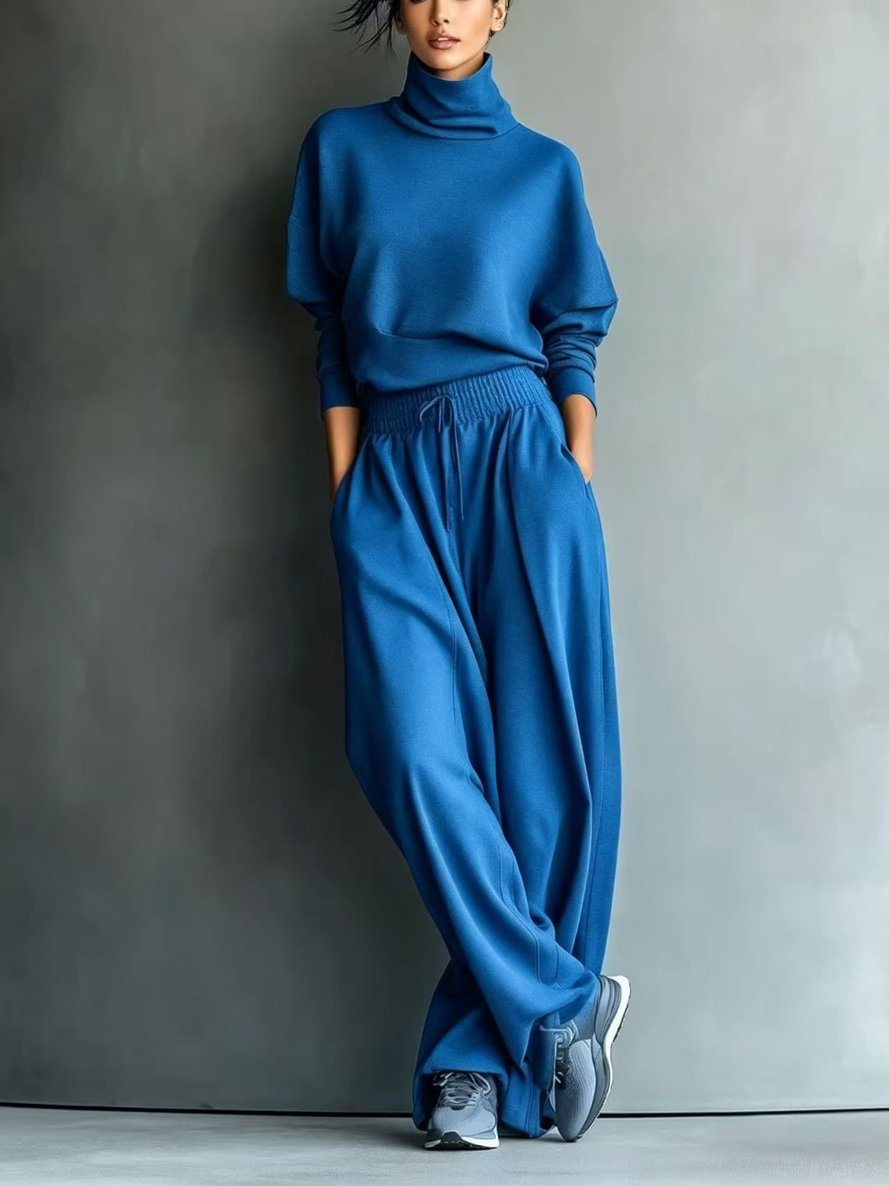 Solid-color Turtleneck Sweatshirt And Wide-leg Pants Set