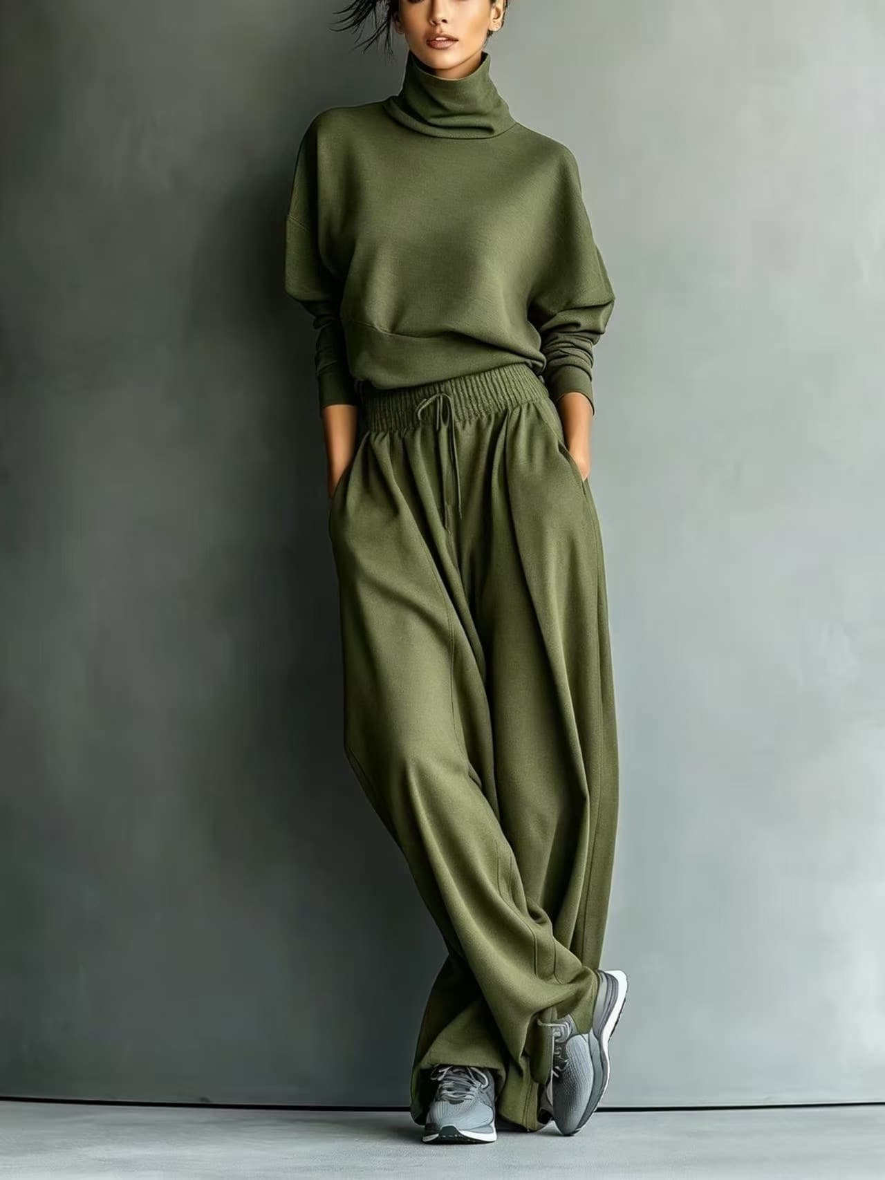 Solid-color Turtleneck Sweatshirt And Wide-leg Pants Set