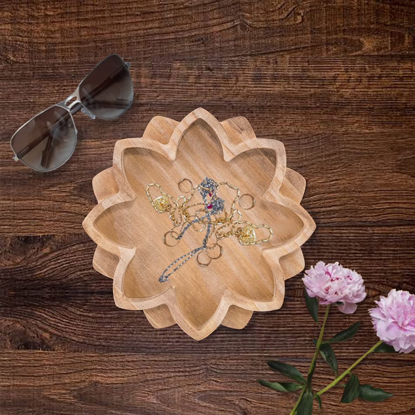 Lotus Shape Wooden Serving Tray for Desktop & Barware