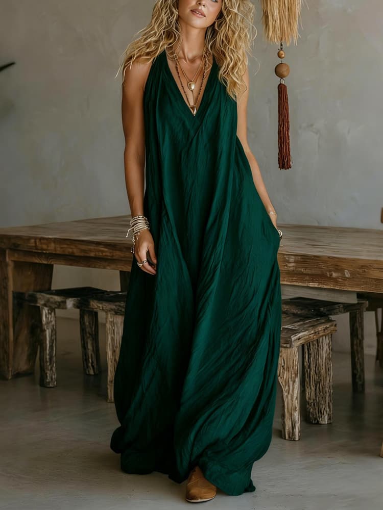 Casual Sleeveless Loose Fit Vest V-neck Long Dress With Front Pockets - Women's Summer Holiday Flowy Sleeveless Long Dresses For Daily Wear