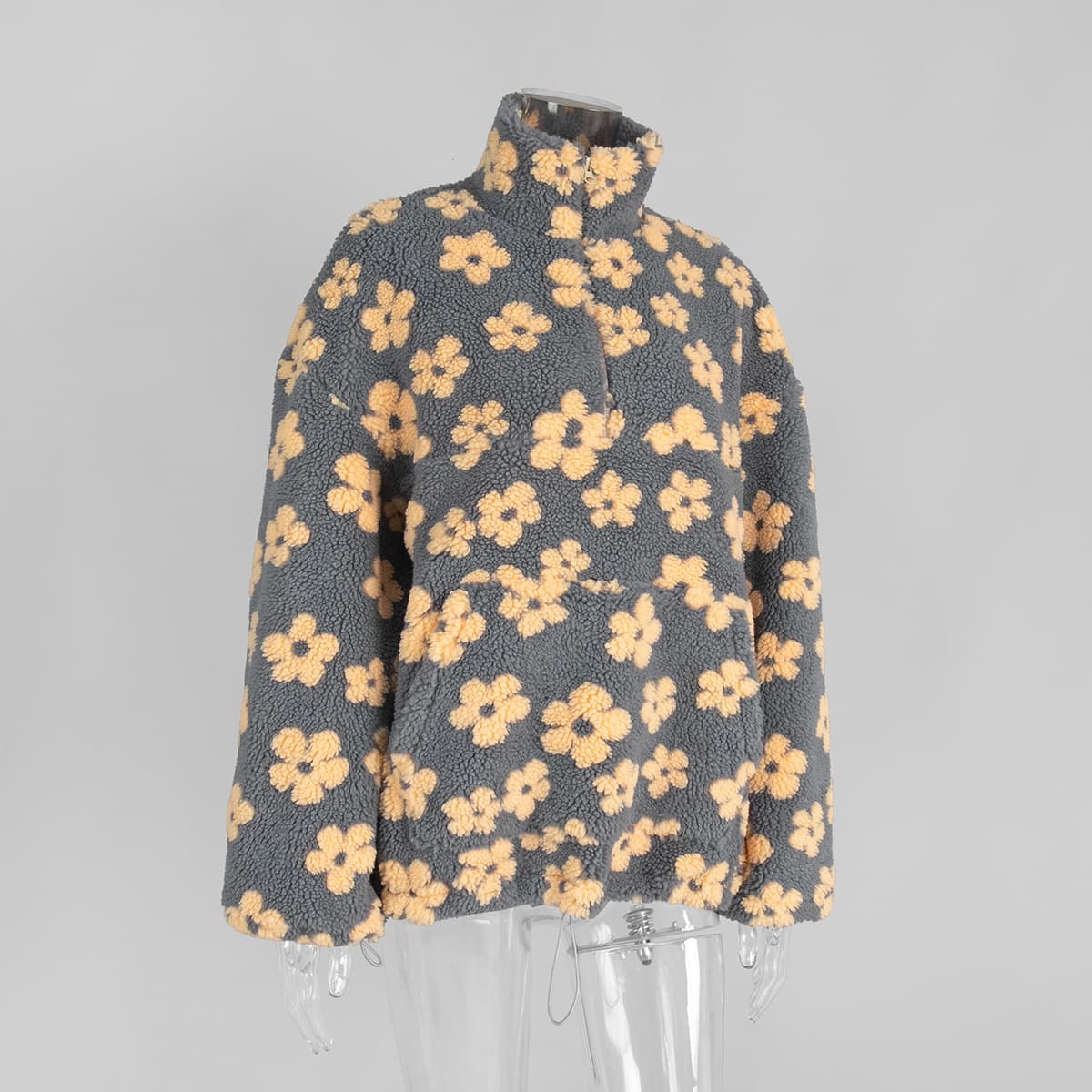 Winter Flowers Lambskin Sweatshirt With Big Pocket Casual Loose Zip-up Lapel Pullover Top Women's Clothing