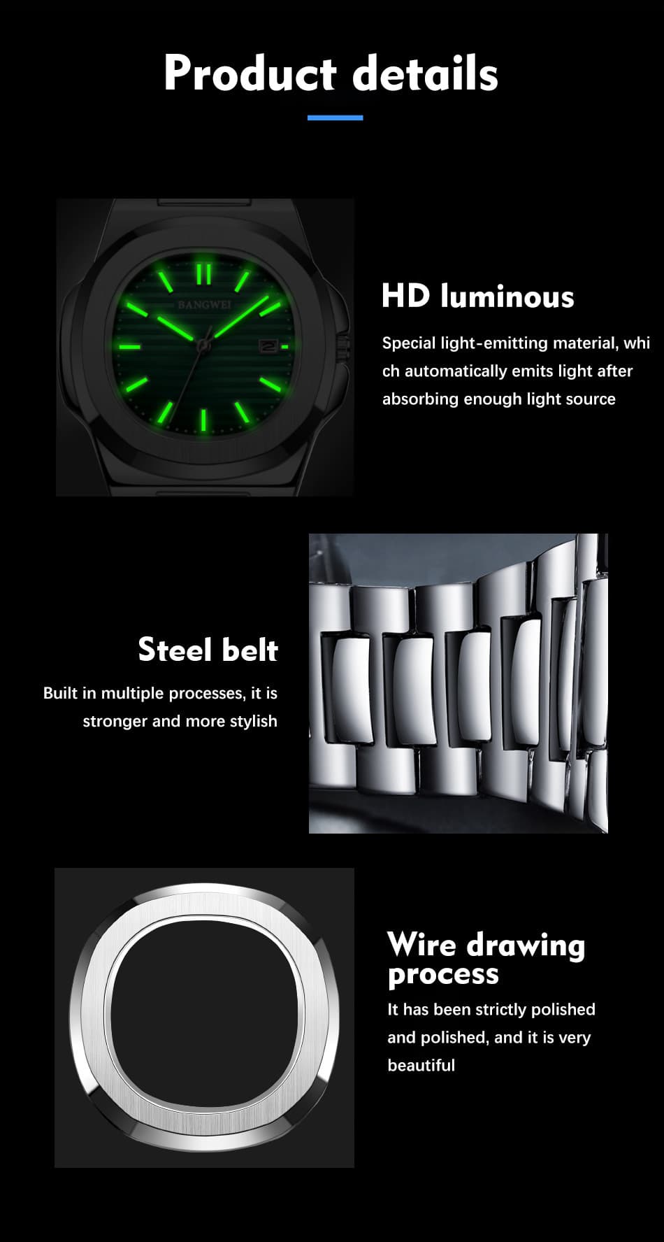 Men's Steel Calendar Luminous Watch with Belt Style - All Black