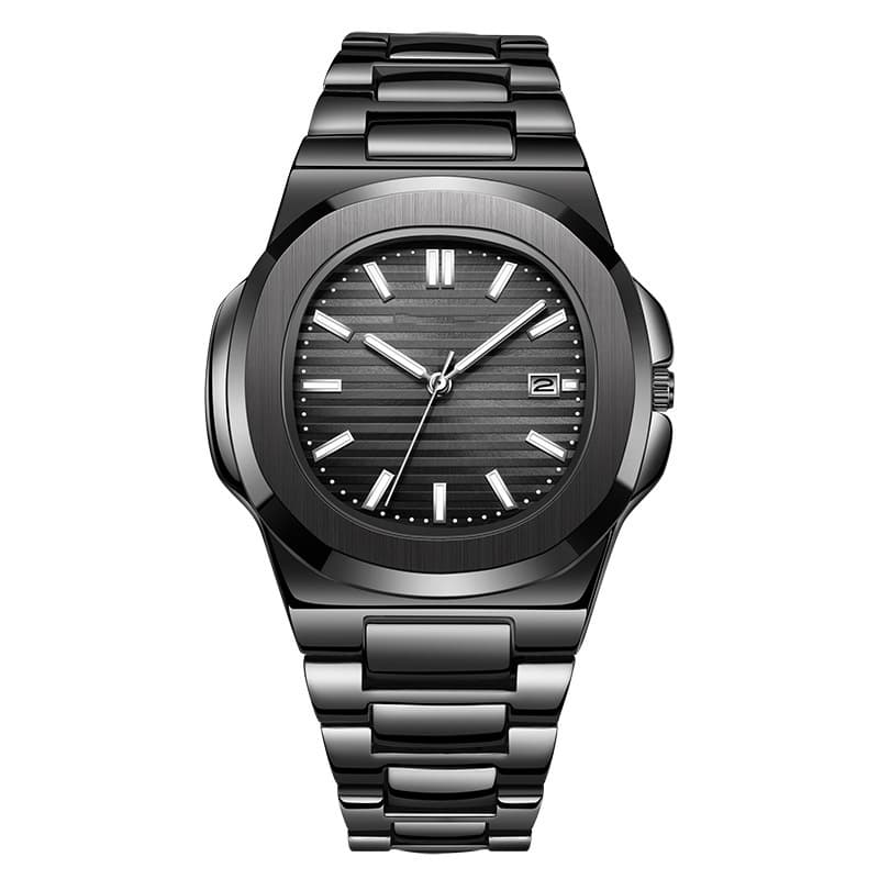Fashion Steel Belt Calendar Luminous Watch Men — All Black