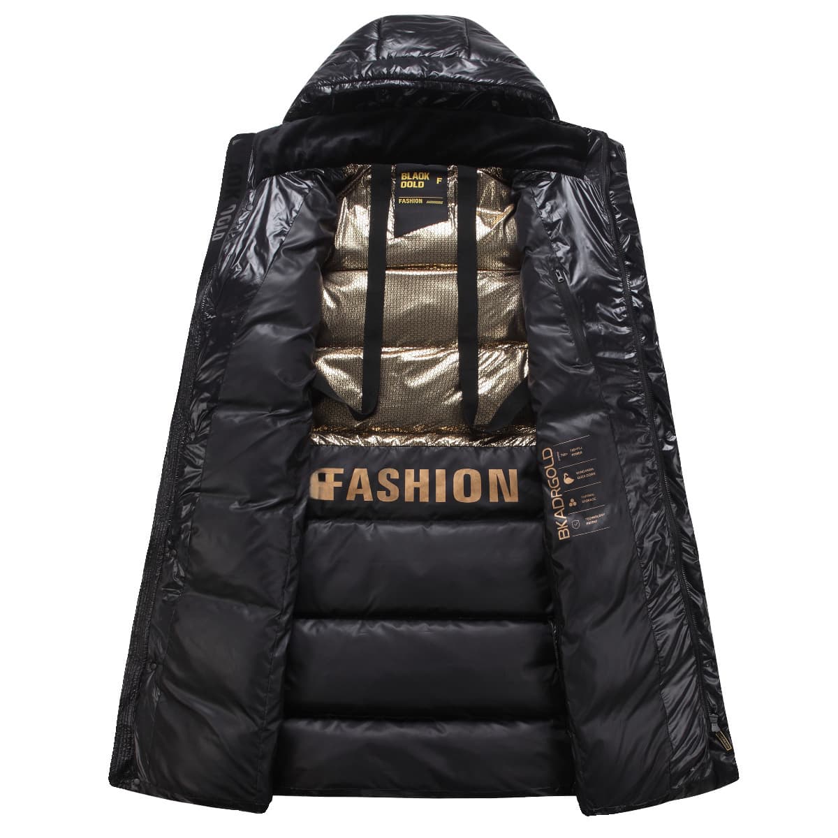 Mens Hooded Black And Gold Goose Down Jacket