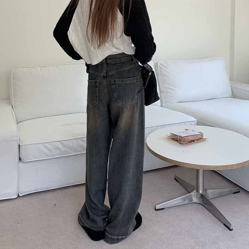 Women's Fashionable Retro Distressed Wide-leg Jeans