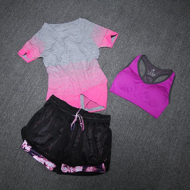 New Women Yoga Sport Suit Bra Set 3 Piece Female Short-sleeved Summer Sportswear Running Fitness Training Clothing — Rose-M