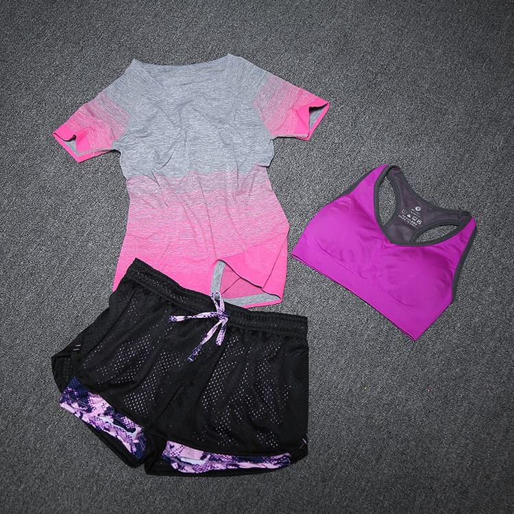 New Women Yoga Sport Suit Bra Set 3 Piece Female Short-sleeved Summer Sportswear Running Fitness Training Clothing — Purple-M