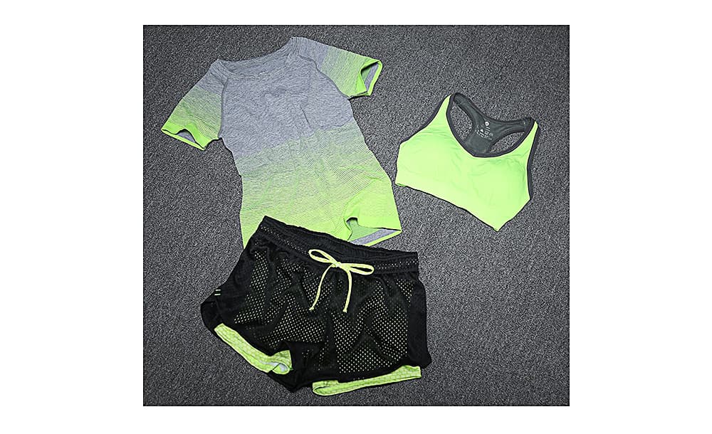 New Women Yoga Sport Suit Bra Set 3 Piece Female Short-sleeved Summer Sportswear Running Fitness Training Clothing — Green-M