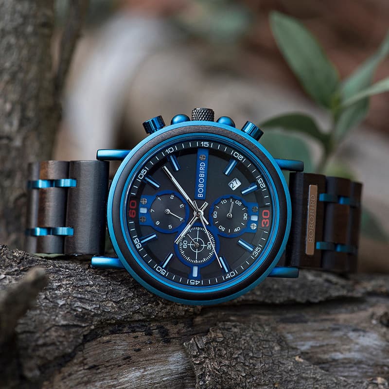Blue Wooden Chronograph Watch — Blue