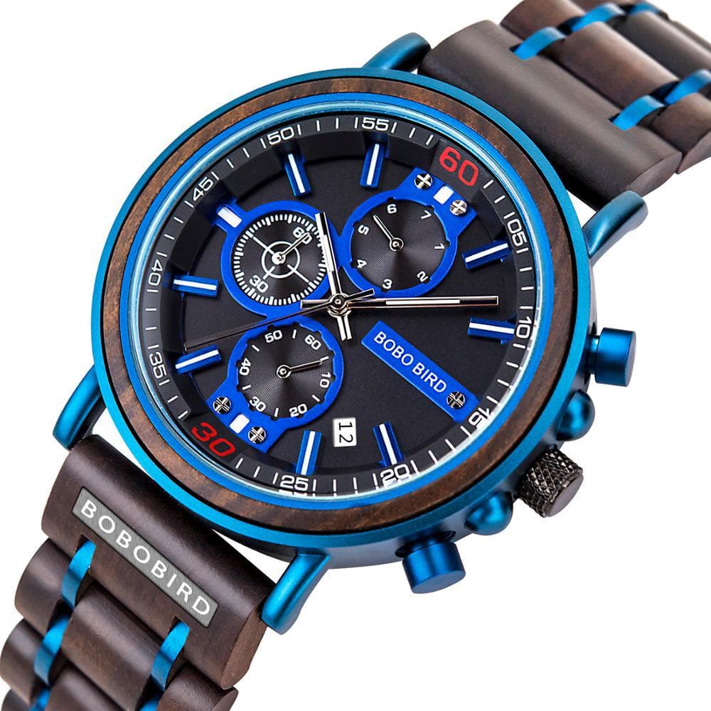 Blue Wooden Chronograph Watch — Blue